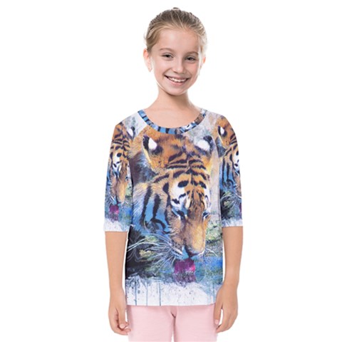 Tiger Drink Animal Art Abstract Kids  Quarter Sleeve Raglan Tee by Celenk