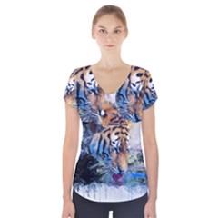 Tiger Drink Animal Art Abstract Short Sleeve Front Detail Top by Celenk