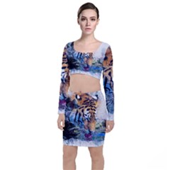 Tiger Drink Animal Art Abstract Long Sleeve Crop Top & Bodycon Skirt Set