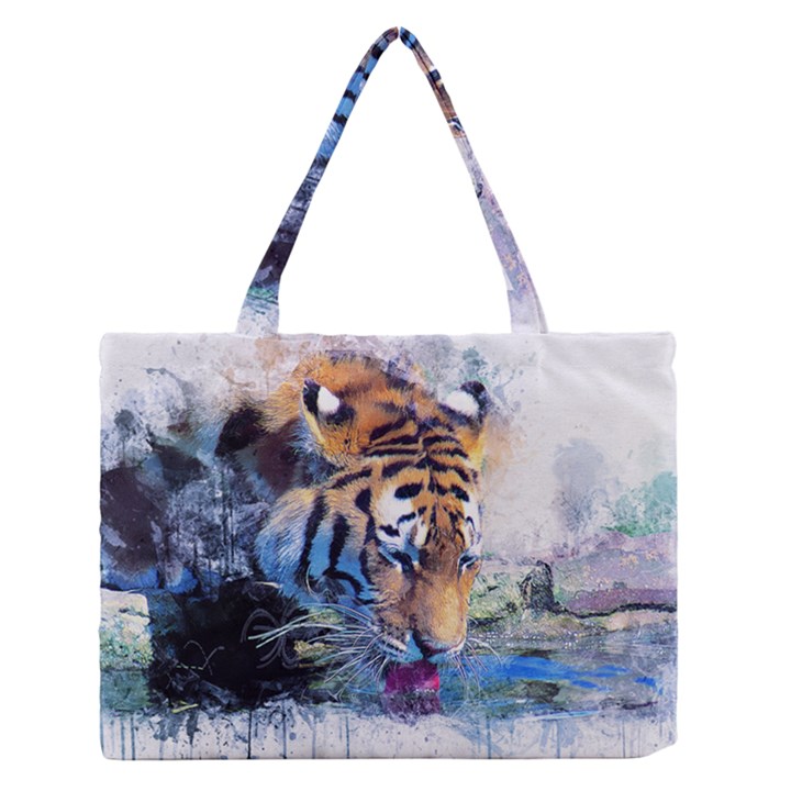 Tiger Drink Animal Art Abstract Zipper Medium Tote Bag