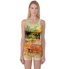 Tree Park Bench Art Abstract One Piece Boyleg Swimsuit by Celenk