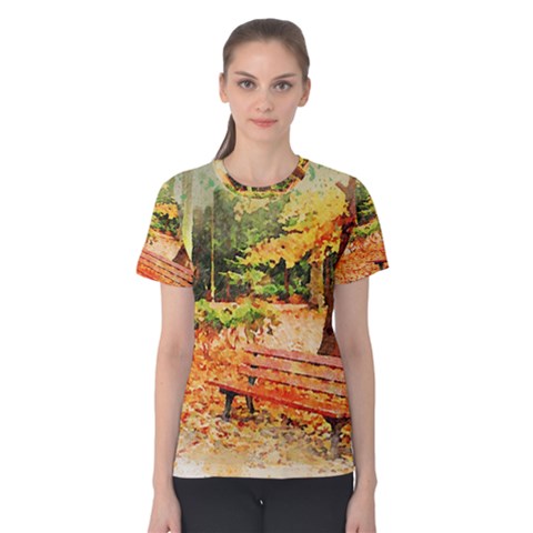 Tree Park Bench Art Abstract Women s Cotton Tee by Celenk