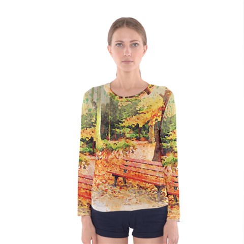 Tree Park Bench Art Abstract Women s Long Sleeve Tee by Celenk