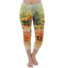 Tree Park Bench Art Abstract Capri Winter Leggings  by Celenk