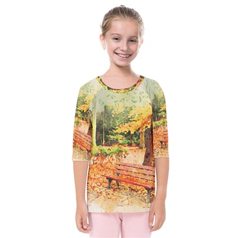 Tree Park Bench Art Abstract Kids  Quarter Sleeve Raglan Tee by Celenk