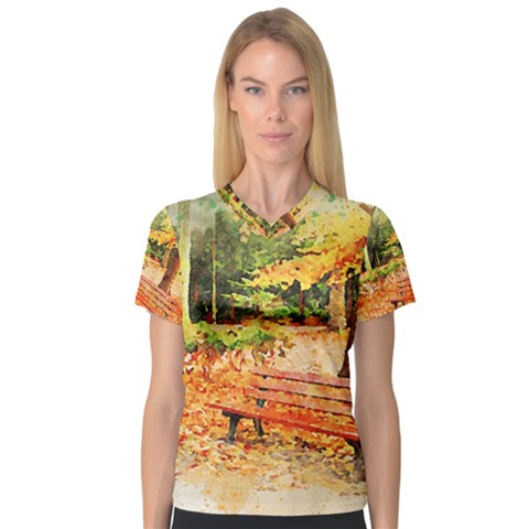 Tree Park Bench Art Abstract V-neck Sport Mesh Tee by Celenk