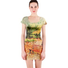 Tree Park Bench Art Abstract Short Sleeve Bodycon Dress by Celenk