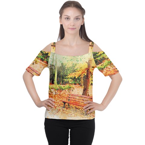 Tree Park Bench Art Abstract Cutout Shoulder Tee by Celenk