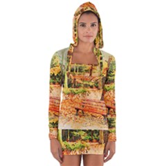 Tree Park Bench Art Abstract Long Sleeve Hooded T-shirt by Celenk