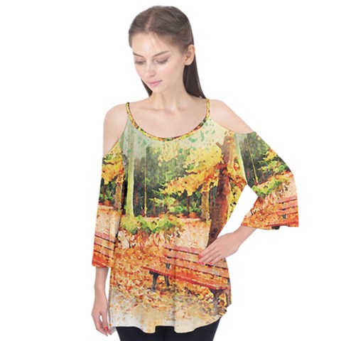 Tree Park Bench Art Abstract Flutter Tees by Celenk