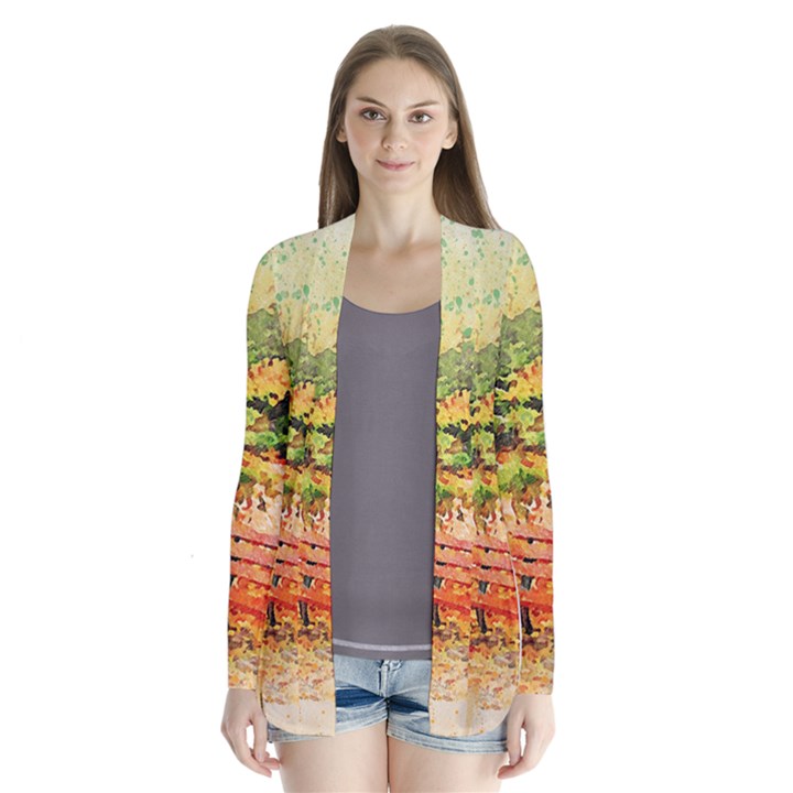 Tree Park Bench Art Abstract Drape Collar Cardigan