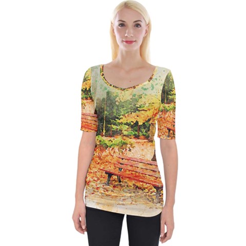 Tree Park Bench Art Abstract Wide Neckline Tee by Celenk