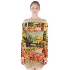 Tree Park Bench Art Abstract Long Sleeve Off Shoulder Dress by Celenk