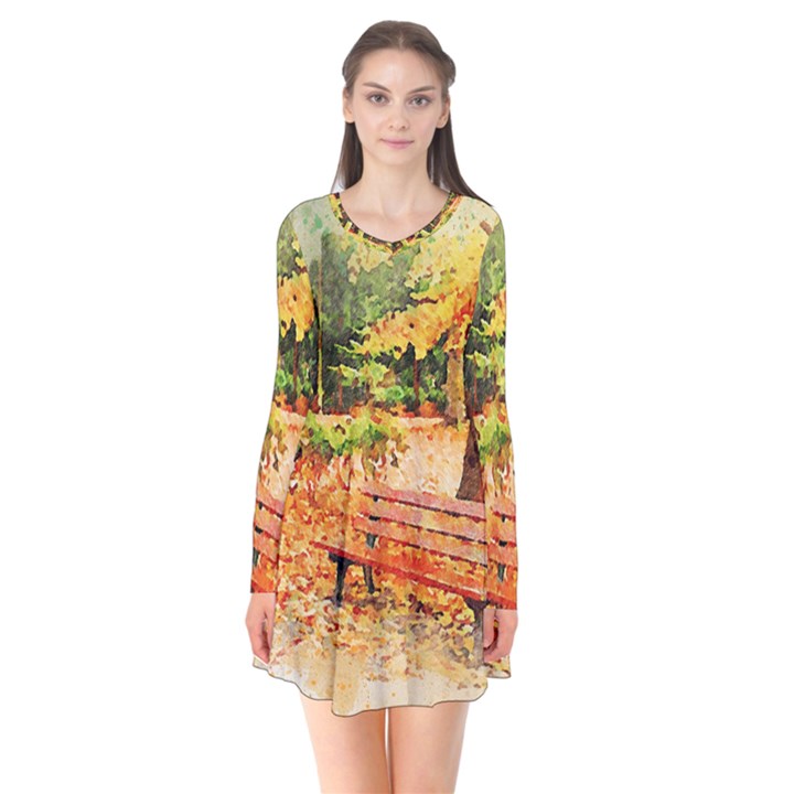 Tree Park Bench Art Abstract Flare Dress