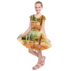 Tree Park Bench Art Abstract Kids  Short Sleeve Dress by Celenk