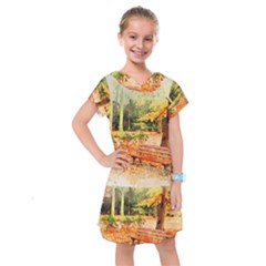 Tree Park Bench Art Abstract Kids  Drop Waist Dress by Celenk