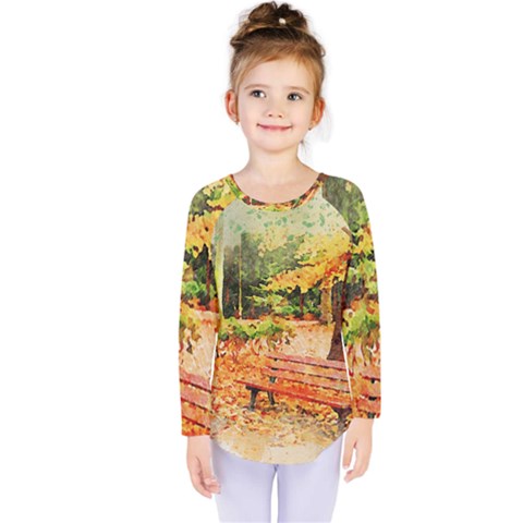 Tree Park Bench Art Abstract Kids  Long Sleeve Tee by Celenk