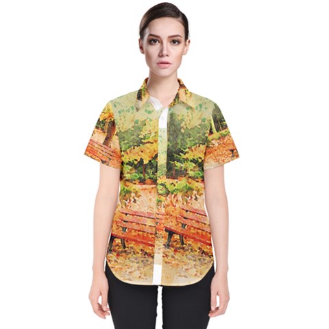 Tree Park Bench Art Abstract Women s Short Sleeve Shirt by Celenk