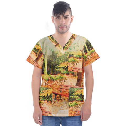 Tree Park Bench Art Abstract Men s V-neck Scrub Top by Celenk