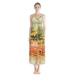 Tree Park Bench Art Abstract Button Up Chiffon Maxi Dress by Celenk