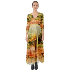 Tree Park Bench Art Abstract Button Up Boho Maxi Dress by Celenk