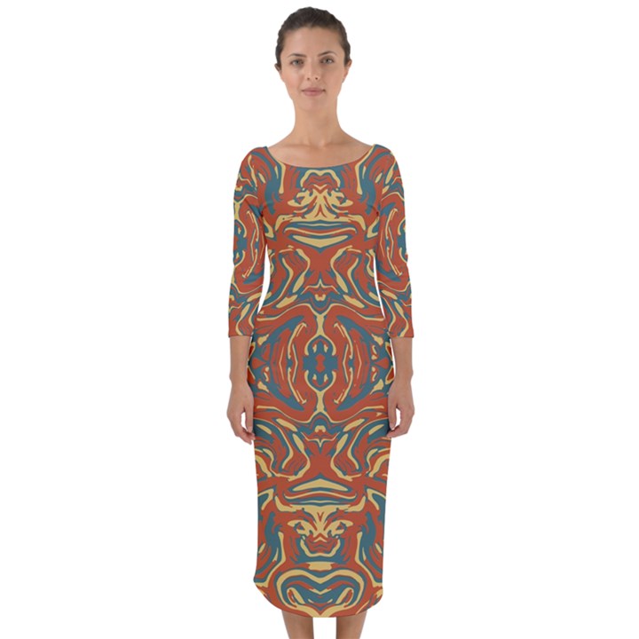 Multicolored Abstract Ornate Pattern Quarter Sleeve Midi Bodycon Dress