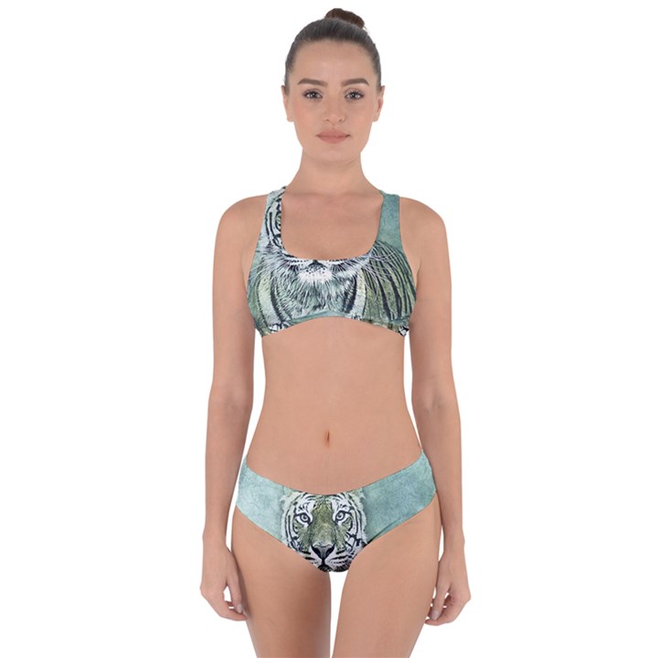 Tiger Cat Art Abstract Vintage Criss Cross Bikini Set