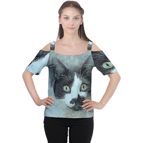 Cat Pet Art Abstract Vintage Cutout Shoulder Tee by Celenk