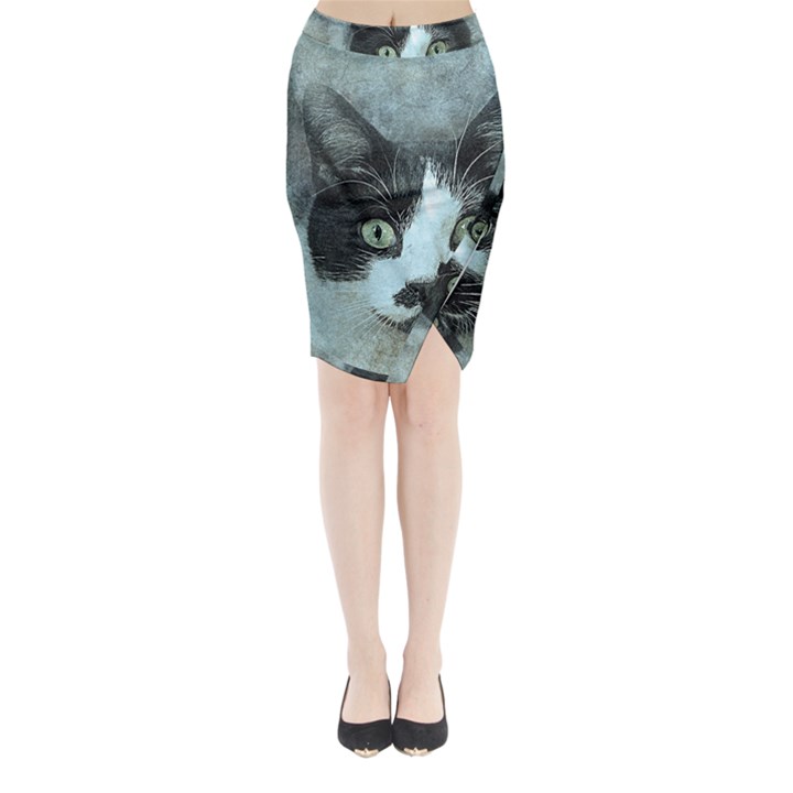 Cat Pet Art Abstract Vintage Midi Wrap Pencil Skirt