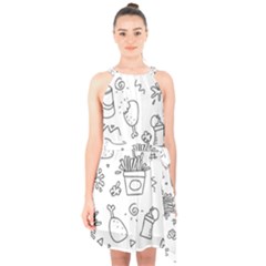 Set Chalk Out Scribble Collection Halter Collar Waist Tie Chiffon Dress by Celenk