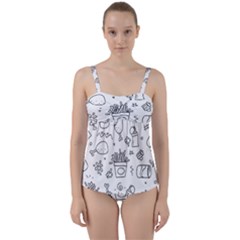 Set Chalk Out Scribble Collection Twist Front Tankini Set by Celenk