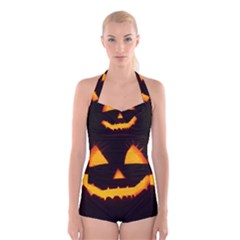 Pumpkin Helloween Face Autumn Boyleg Halter Swimsuit  by Celenk