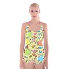 Cute Sketch Child Graphic Funny Boyleg Halter Swimsuit  by Celenk