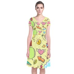 Cute Sketch Child Graphic Funny Short Sleeve Front Wrap Dress