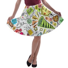 Doodle New Year Party Celebration A-line Skater Skirt by Celenk