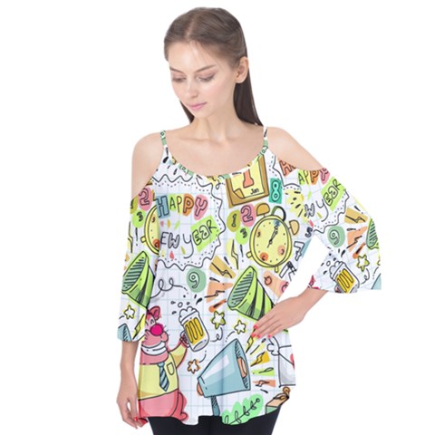 Doodle New Year Party Celebration Flutter Tees by Celenk