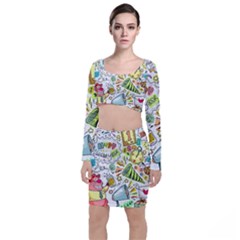 Doodle New Year Party Celebration Long Sleeve Crop Top & Bodycon Skirt Set by Celenk