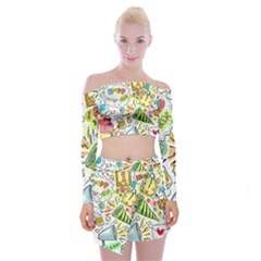 Doodle New Year Party Celebration Off Shoulder Top With Mini Skirt Set by Celenk