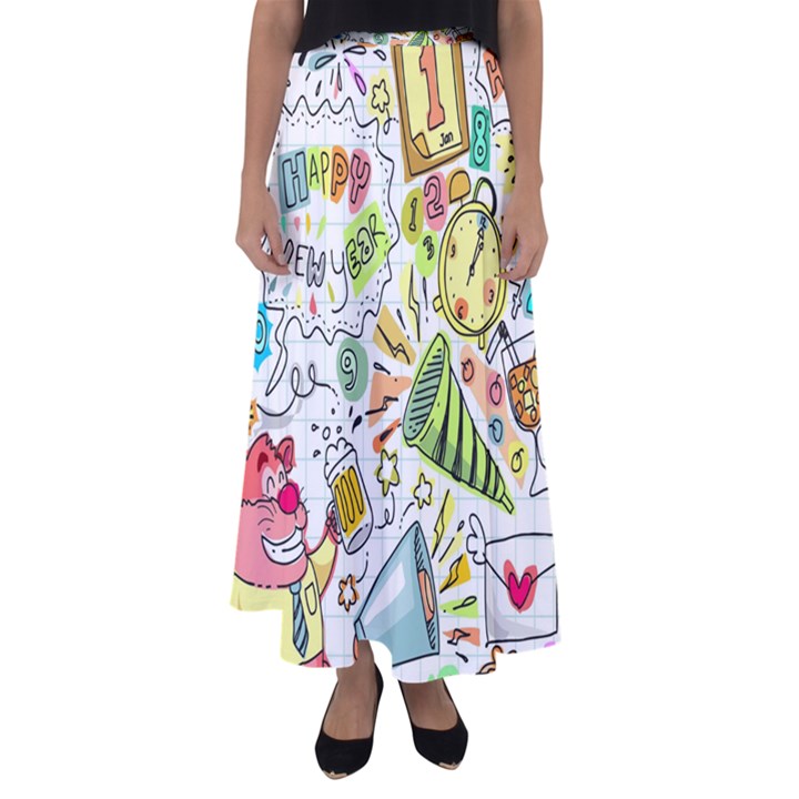 Doodle New Year Party Celebration Flared Maxi Skirt