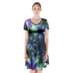 Fractal Painting Blue Floral Short Sleeve V-neck Flare Dress by Celenk