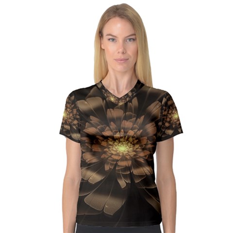 Fractal Flower Floral Bloom Brown V-neck Sport Mesh Tee by Celenk