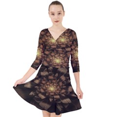 Fractal Flower Floral Bloom Brown Quarter Sleeve Front Wrap Dress	 by Celenk