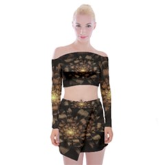 Fractal Flower Floral Bloom Brown Off Shoulder Top With Mini Skirt Set by Celenk