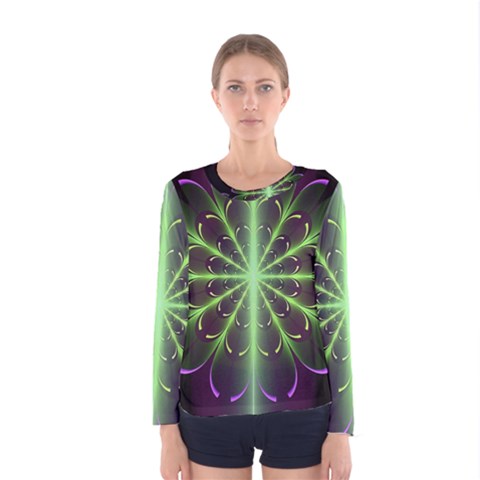 Fractal Purple Lime Pattern Women s Long Sleeve Tee by Celenk