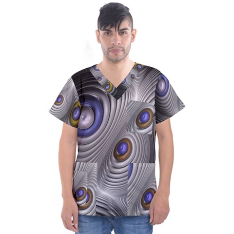 Fractal Silver Warp Pattern Men s V-neck Scrub Top by Celenk