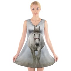 Horse Mammal White Horse Animal V-neck Sleeveless Skater Dress by Celenk