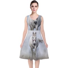 Horse Mammal White Horse Animal V-neck Midi Sleeveless Dress  by Celenk