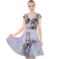 Horse Mammal White Horse Animal Cap Sleeve Front Wrap Midi Dress by Celenk