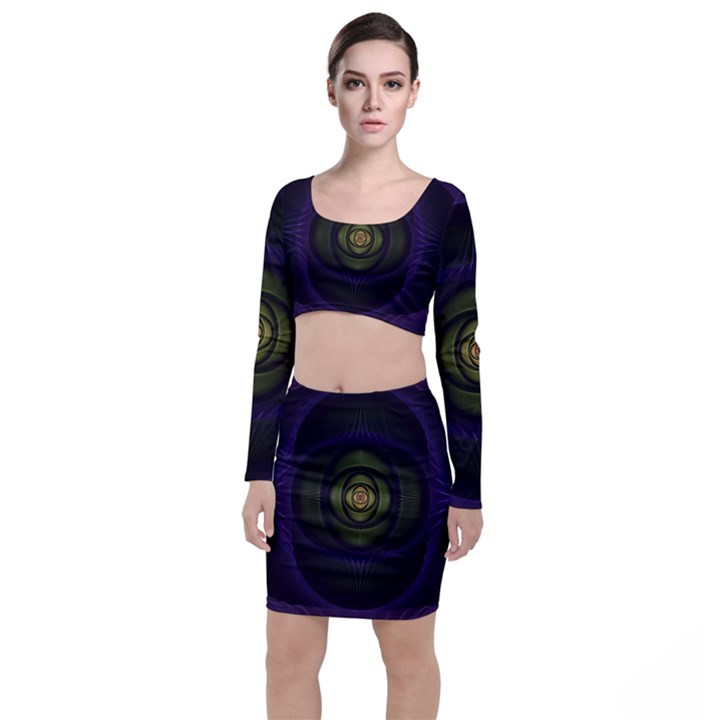 Fractal Blue Eye Fantasy 3d Long Sleeve Crop Top & Bodycon Skirt Set