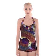 Fractal Colorful Rainbow Flowing Boyleg Halter Swimsuit  by Celenk